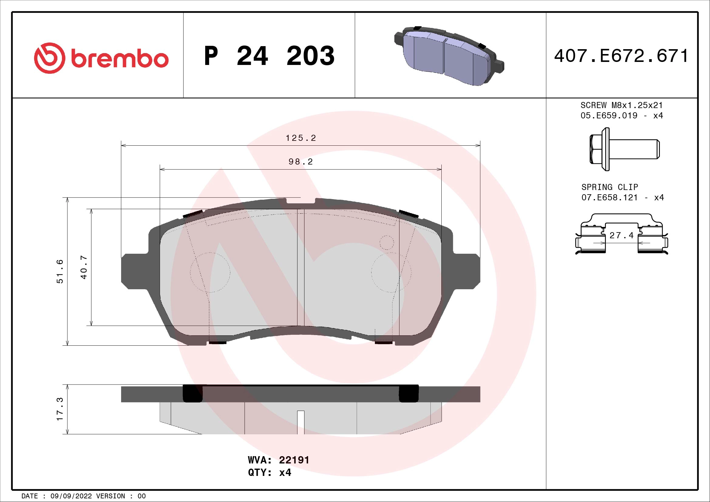 Колодки тормозные дисковые /комплект 4 шт BREMBO P 24 203