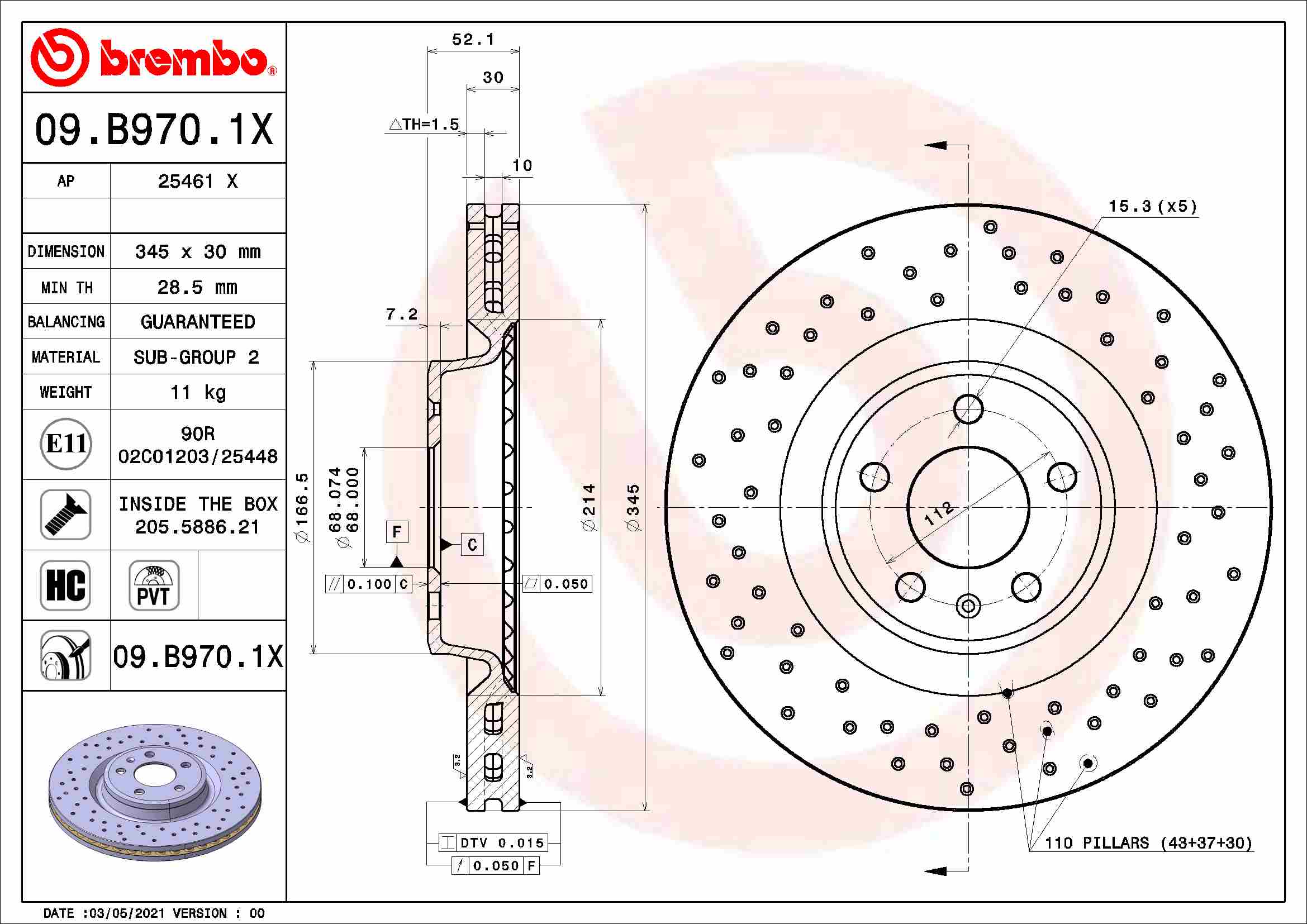 Диск тормозной BREMBO 09.B970.1X