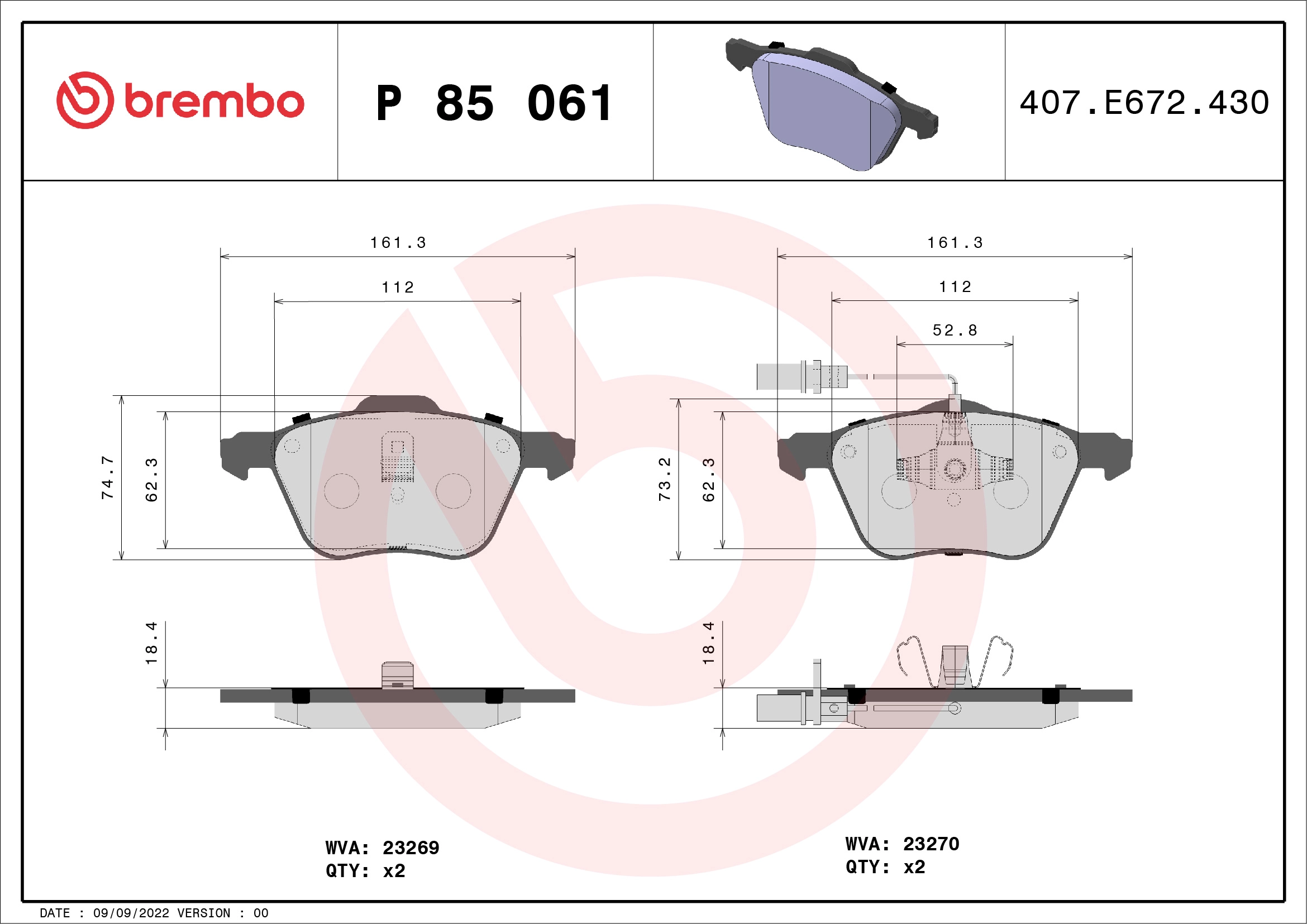 Тормозные колодки BREMBO P85061