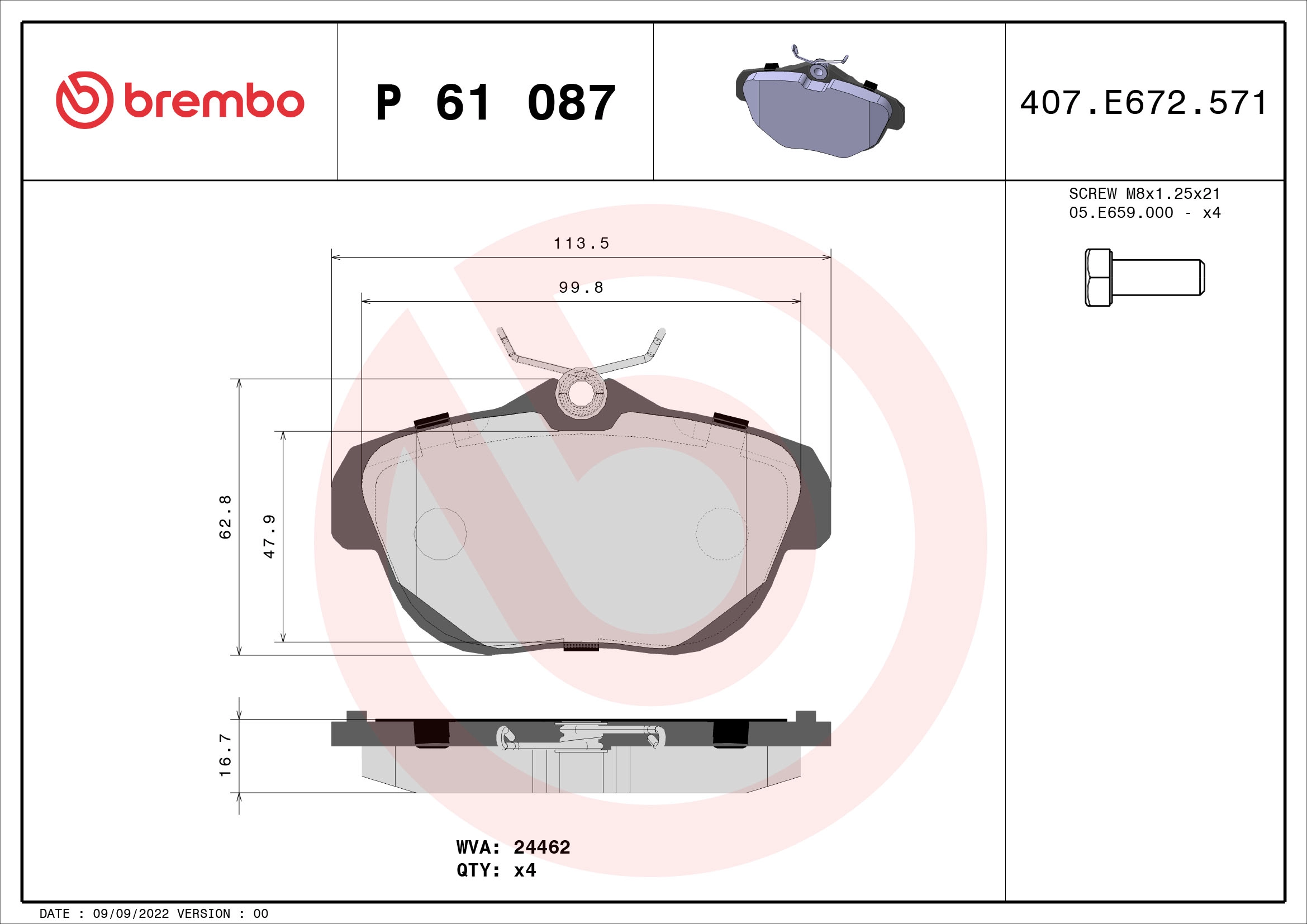 Тормозные колодки BREMBO P61087