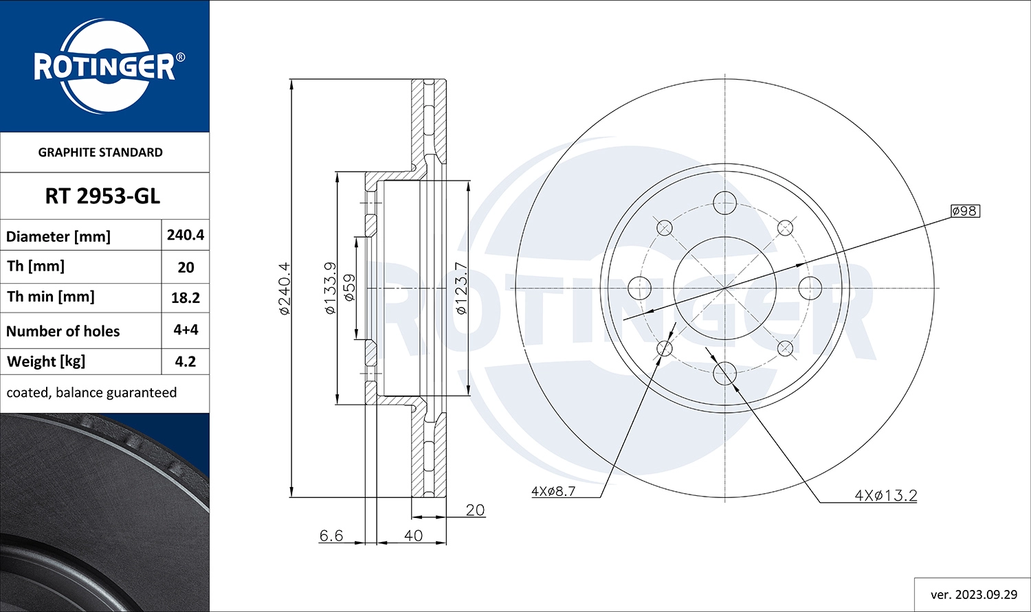 Диск тормозной ROTINGER RT2953GL