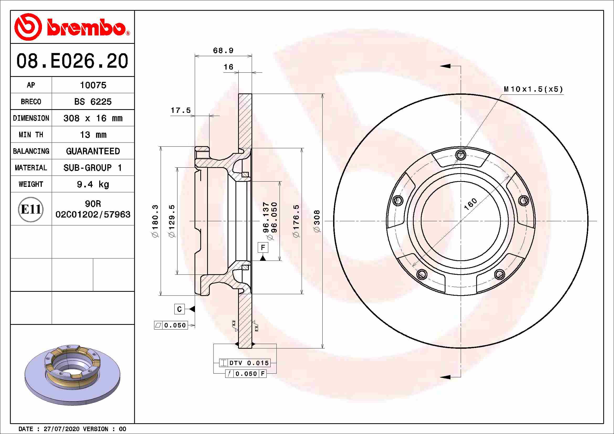Диск тормозной BREMBO 08.E026.20