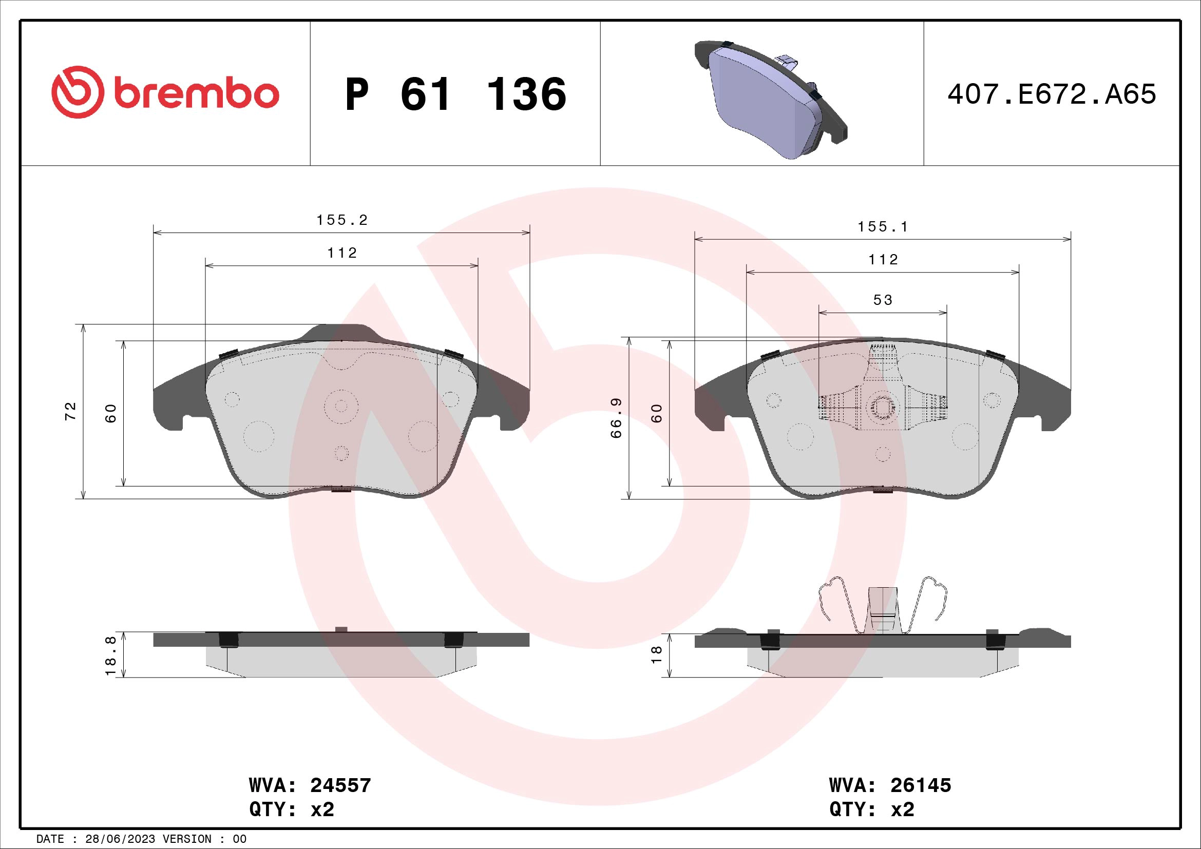 Колодки тормозные дисковые BREMBO P61136