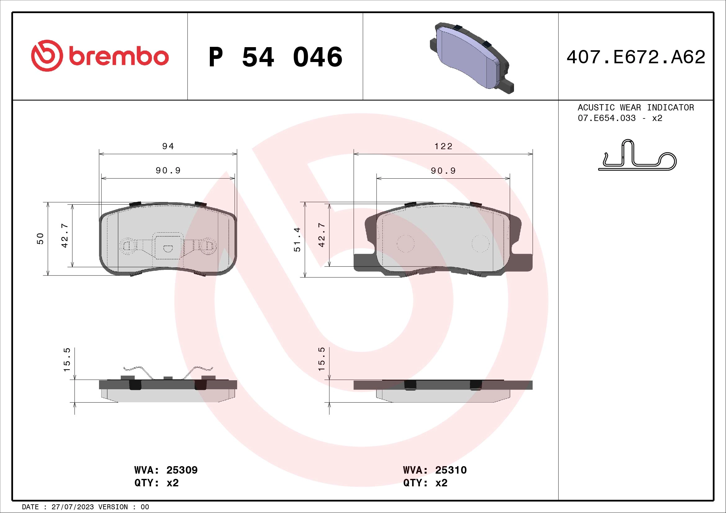 Колодки тормозные дисковые BREMBO P54046