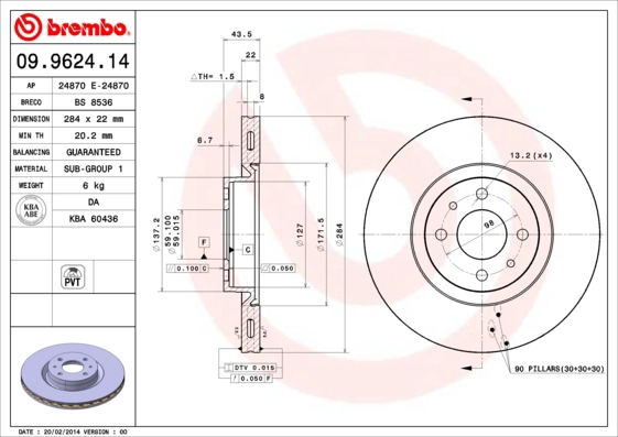 Тормозной диск prime line BREMBO 09.9624.14