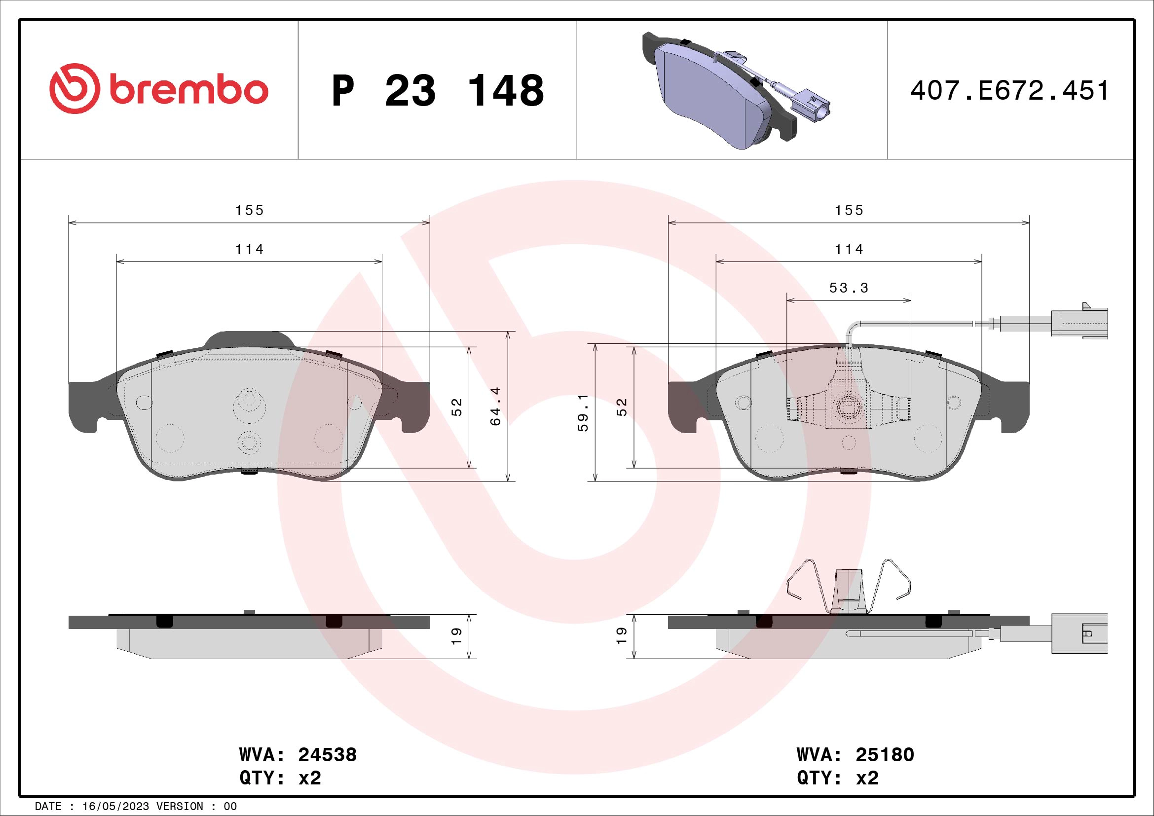 Комплект тормозных колодок дисковый тормоз prime line BREMBO P 23 148