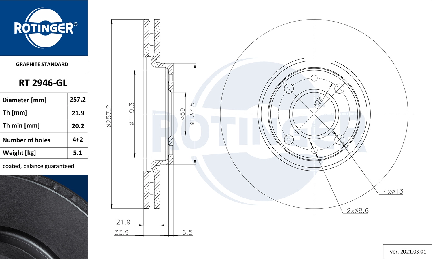 Тормозной диск graphite line ROTINGER RT 2946-GL