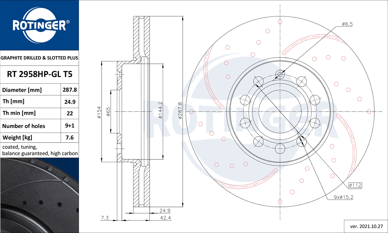 Тормозной диск graphite drilled slotted plus ROTINGER RT 2958HP-GL T5