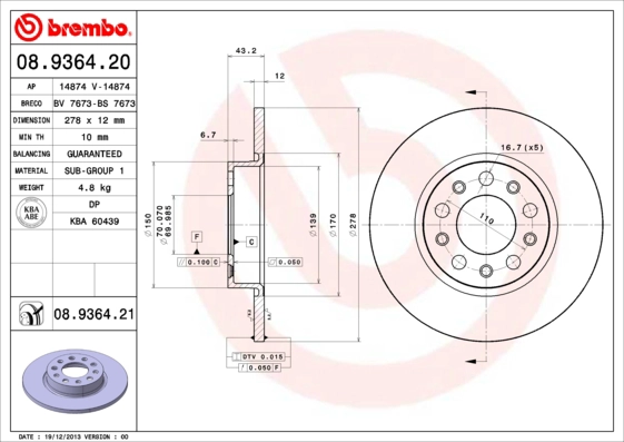 Тормозной диск prime line BREMBO 08.9364.20