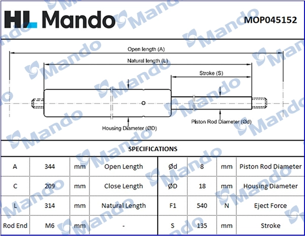 Газовая пружина крышка багажник MANDO MOP045152