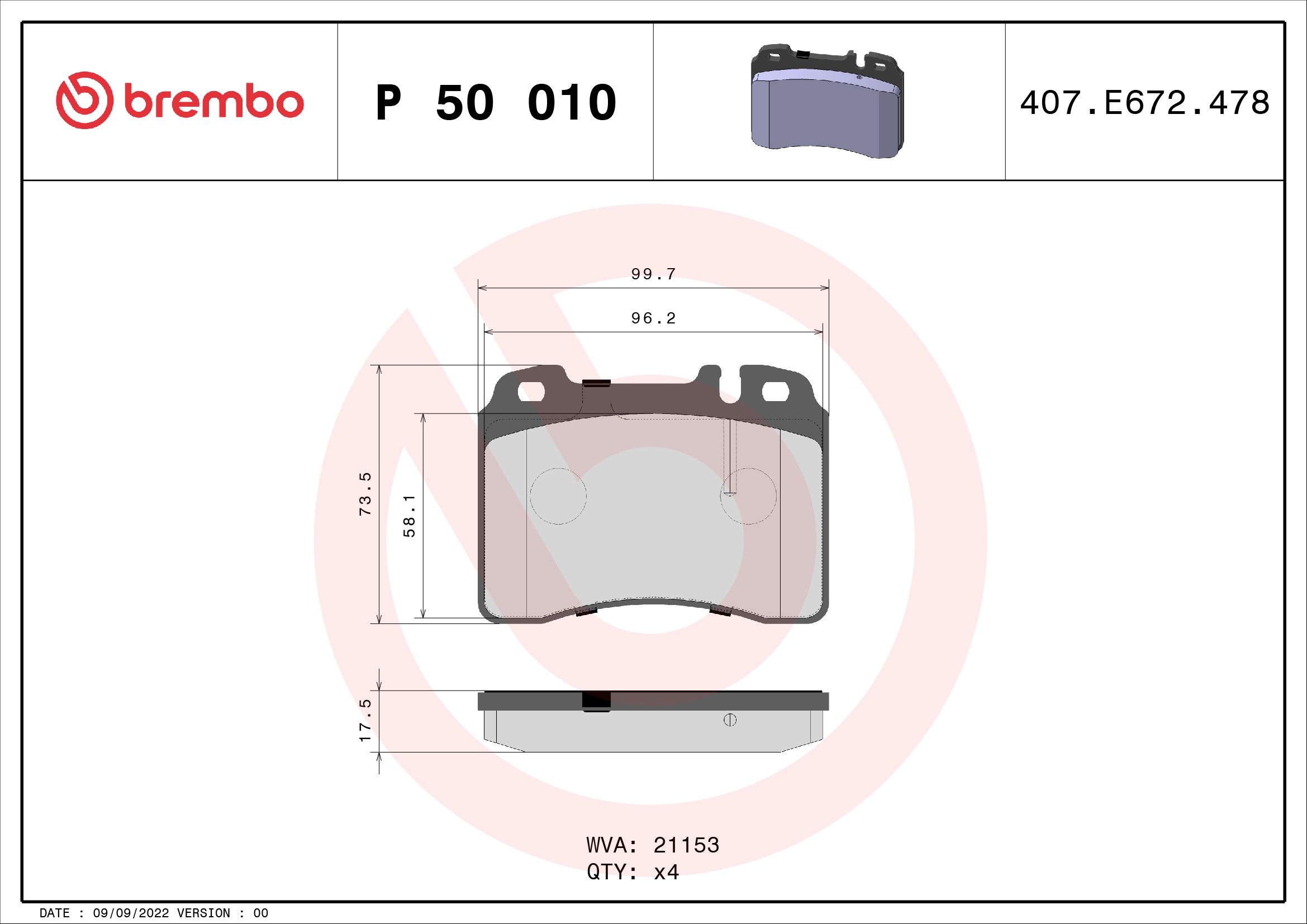 Комплект тормозных колодок дисковый тормоз prime line BREMBO P 50 010