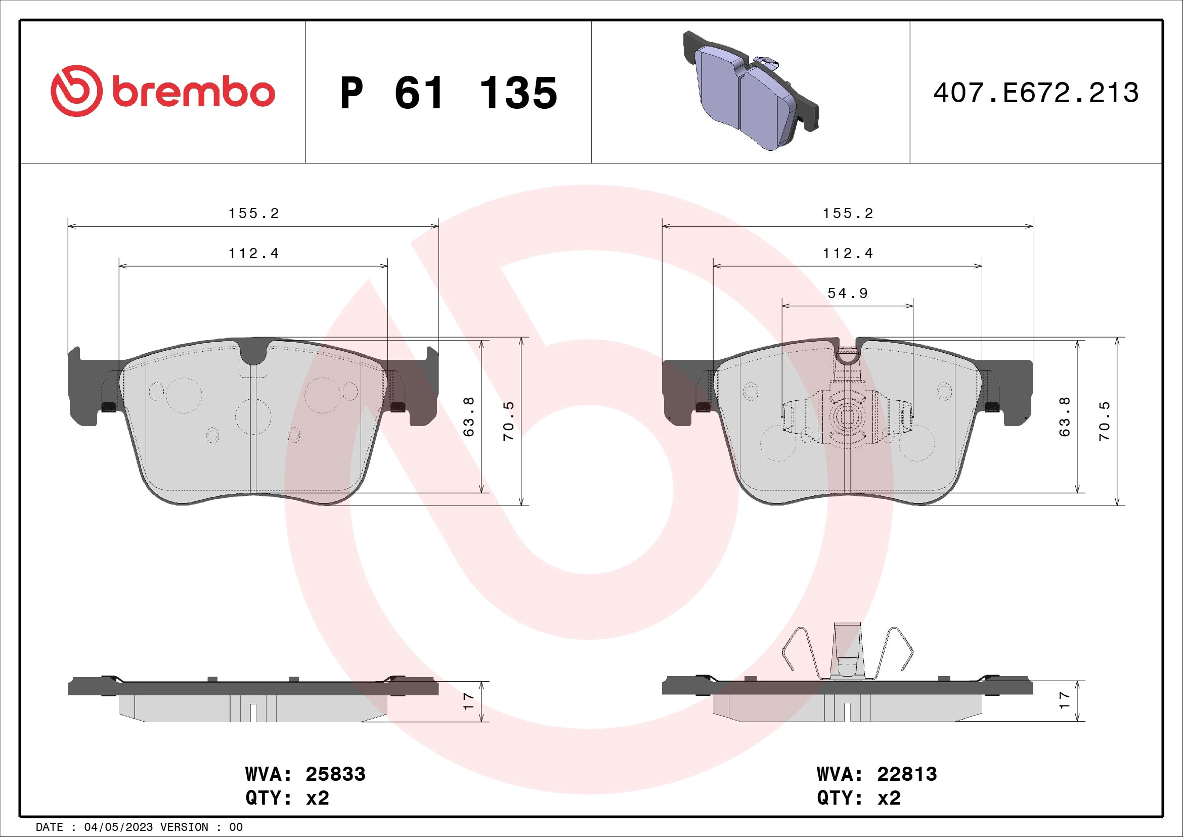 Комплект тормозных колодок дисковый тормоз xtra line BREMBO P 61 135X