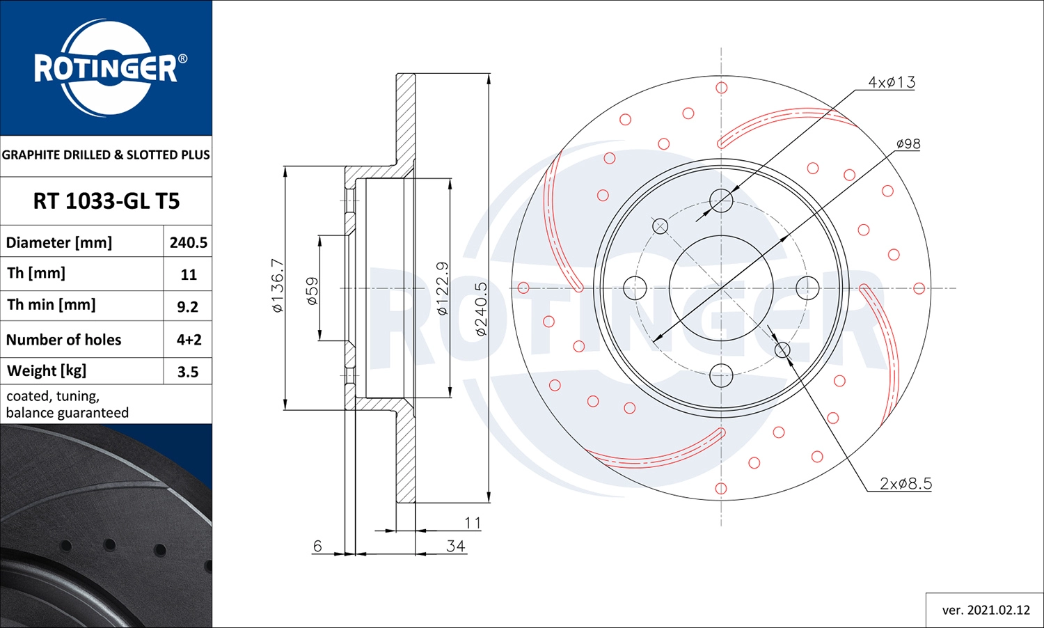 Тормозной диск graphite drilled slotted plus ROTINGER RT 1033-GL T5