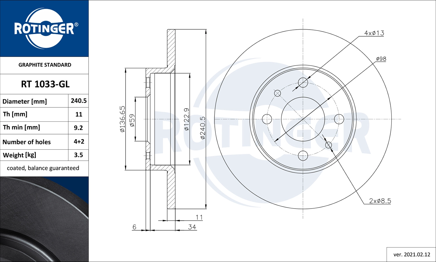 Тормозной диск graphite line ROTINGER RT 1033-GL