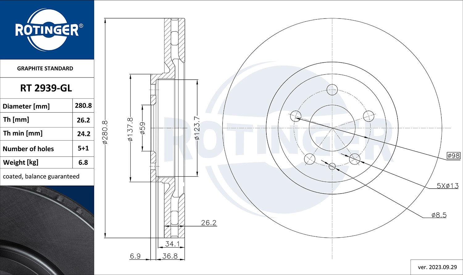 Тормозной диск graphite line ROTINGER RT 2939-GL