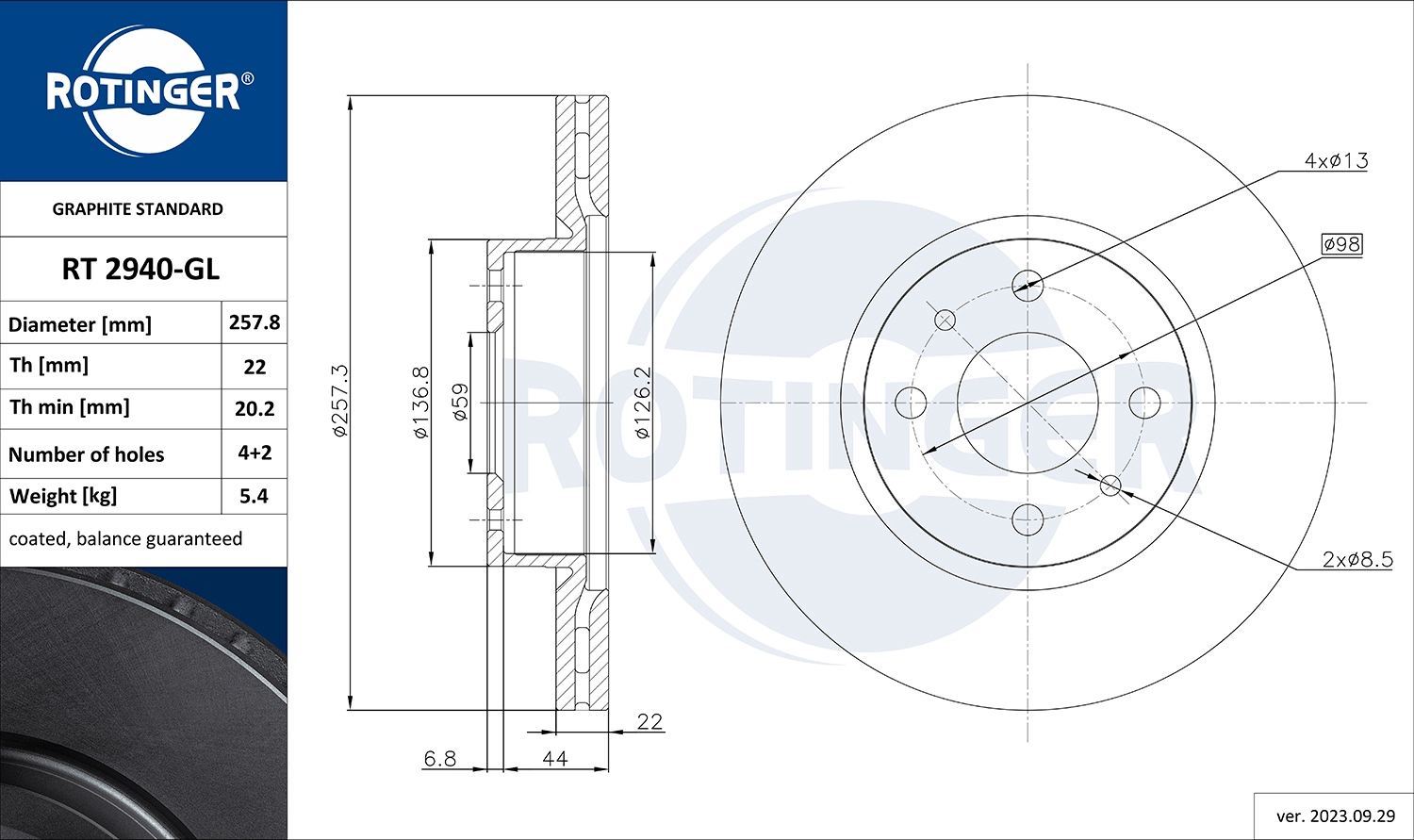 Тормозной диск graphite line ROTINGER RT 2940-GL