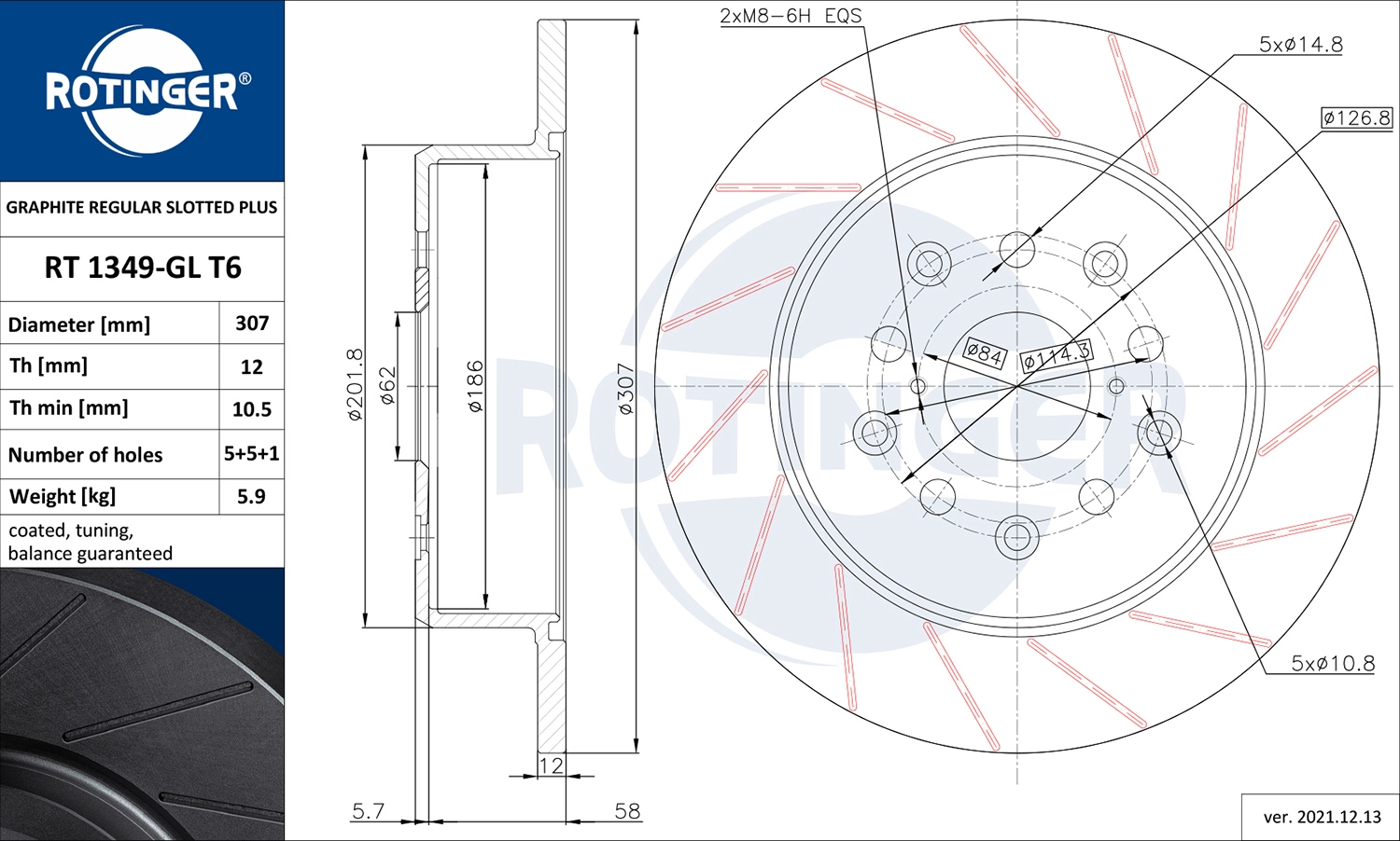 Тормозной диск graphite regular slotted plus ROTINGER RT 1349-GL T6