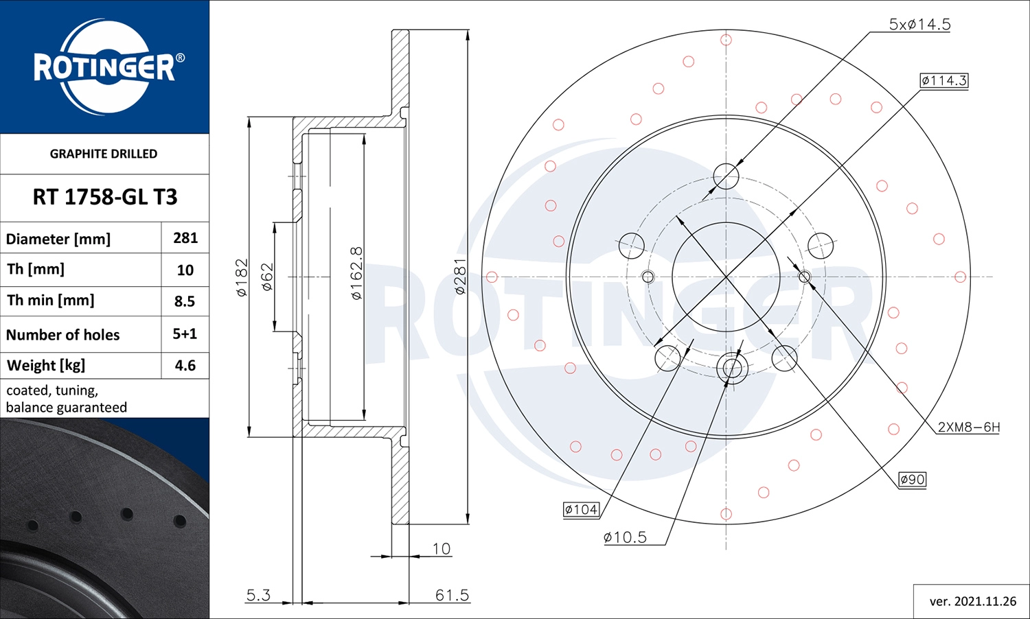 Тормозной диск graphite drilled ROTINGER RT 1758-GL T3
