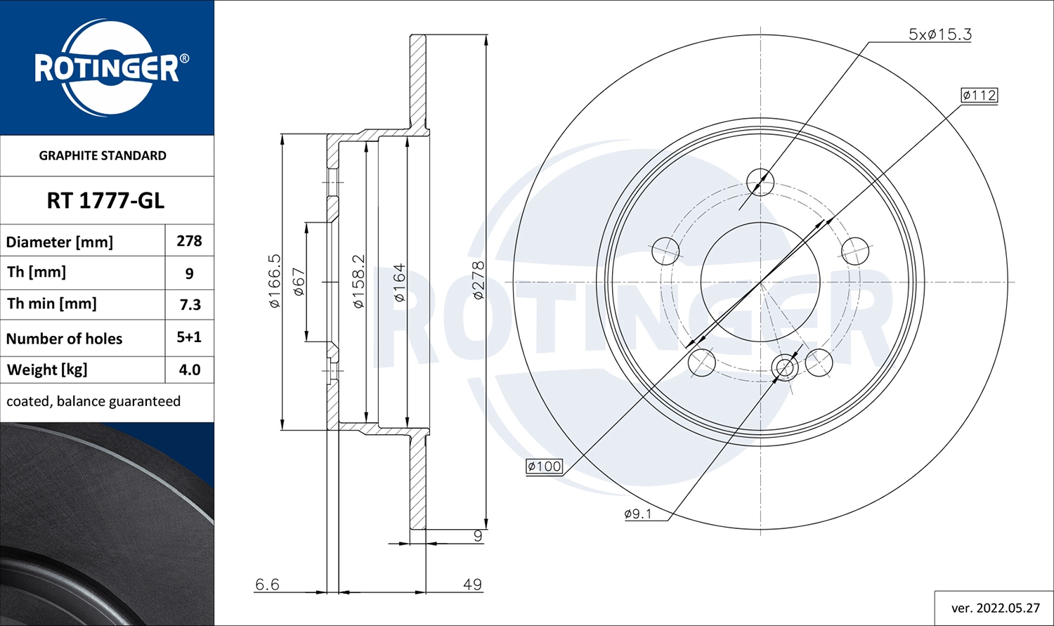 Тормозной диск graphite line ROTINGER RT 1777-GL