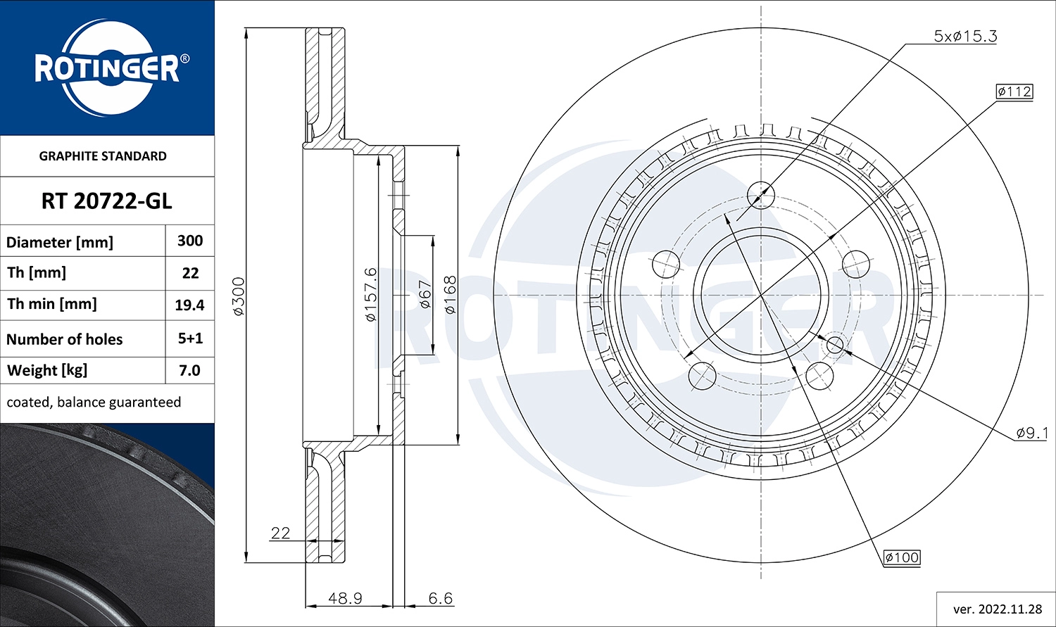 Тормозной диск graphite line ROTINGER RT 20722-GL