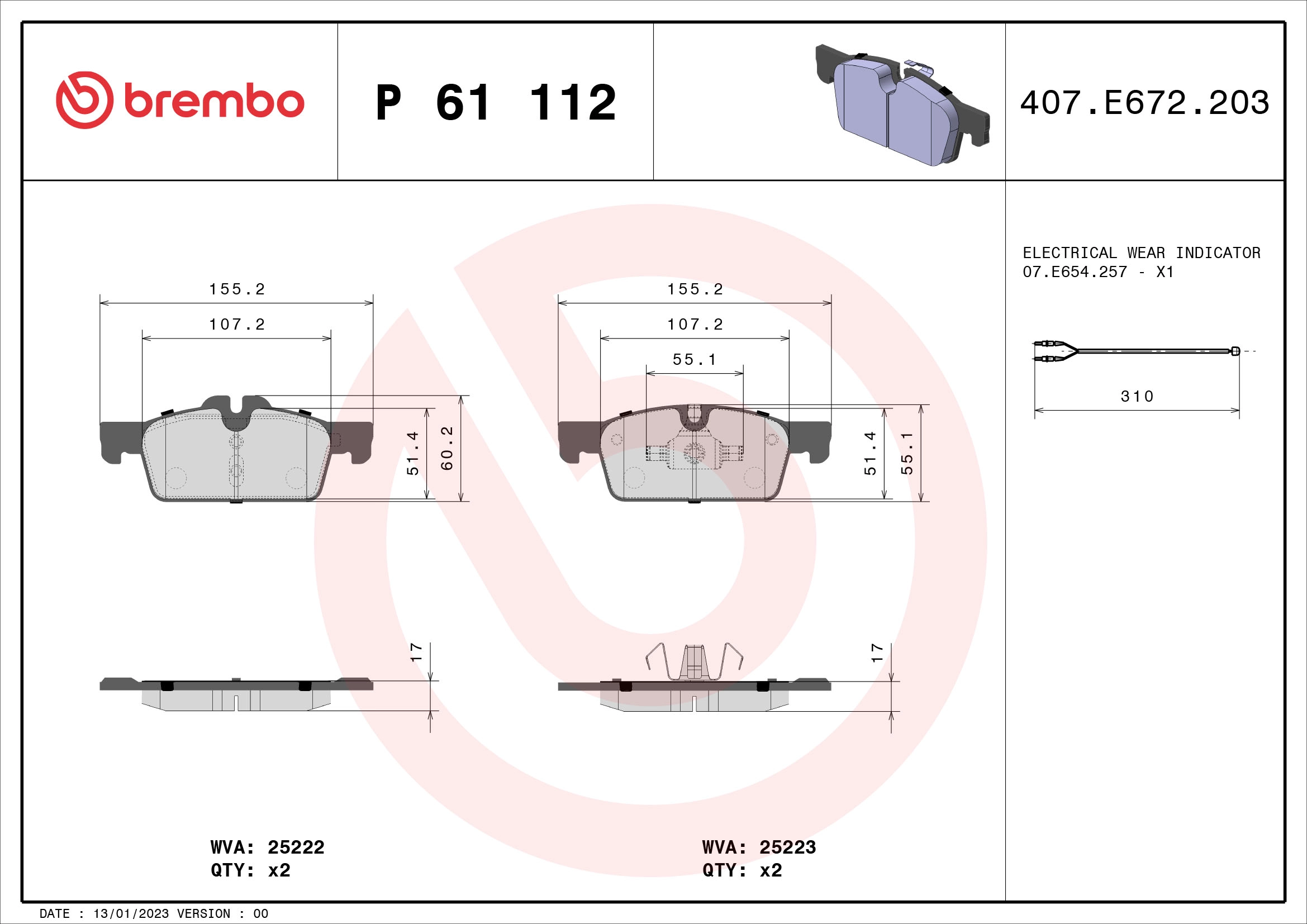 Комплект тормозных колодок дисковый тормоз prime line BREMBO P 61 112