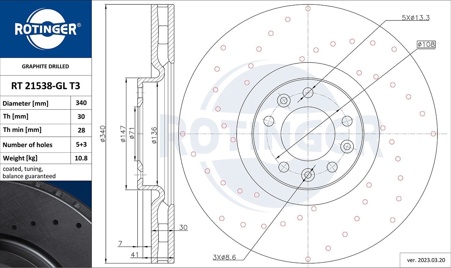Тормозной диск graphite drilled ROTINGER RT 21538-GL T3