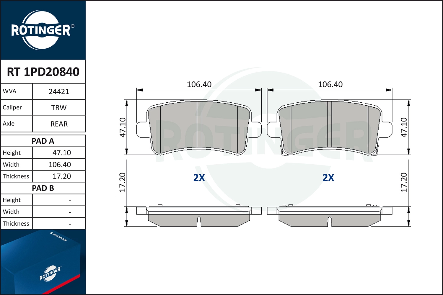Комплект тормозных колодок дисковый тормоз ROTINGER RT 1PD20840