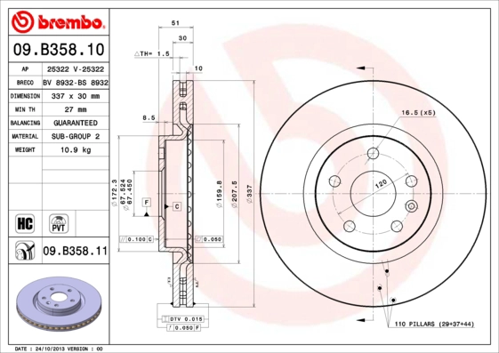Тормозной диск prime line BREMBO 09.B358.10