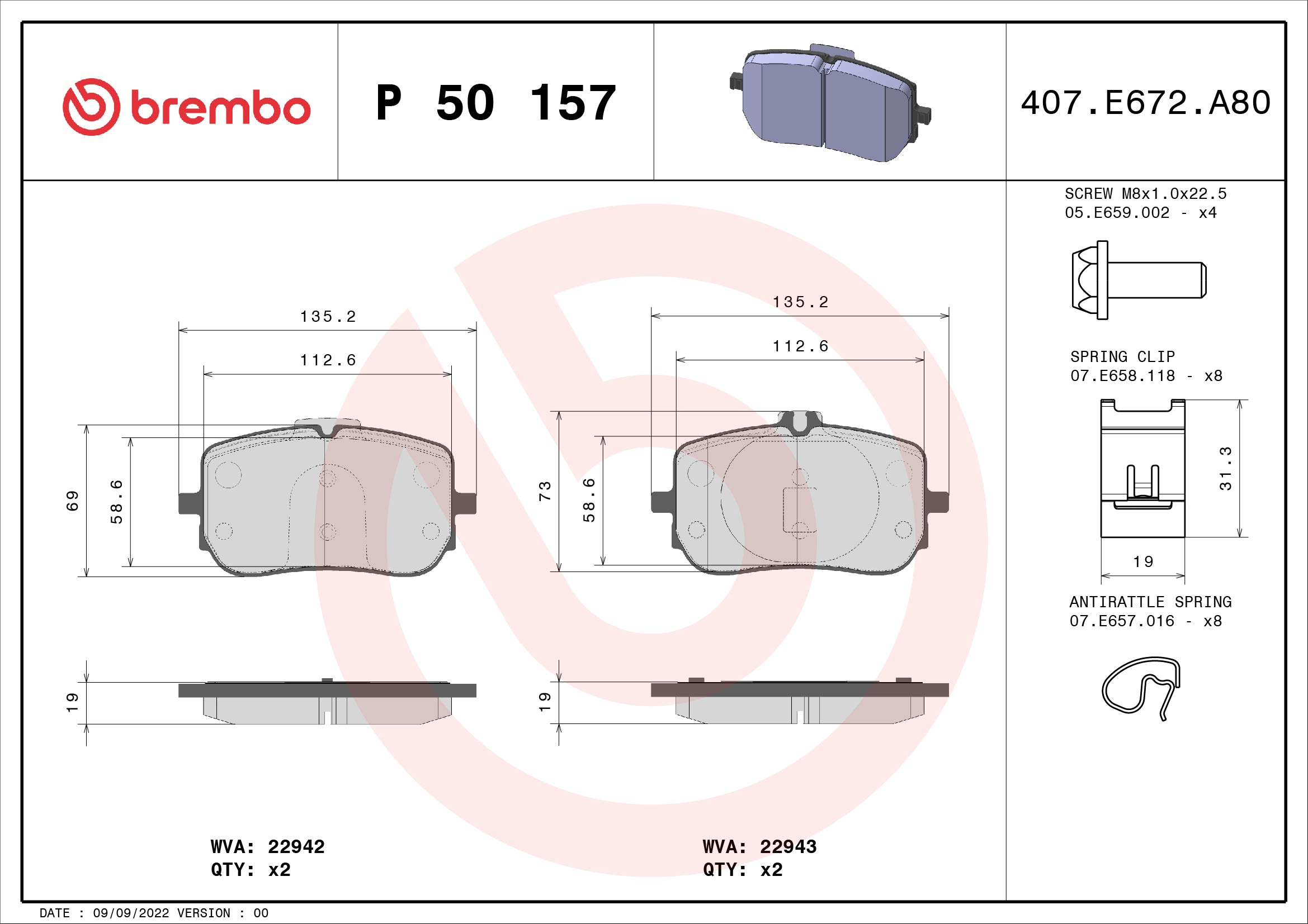 Комплект тормозных колодок дисковый тормоз prime line BREMBO P 50 157