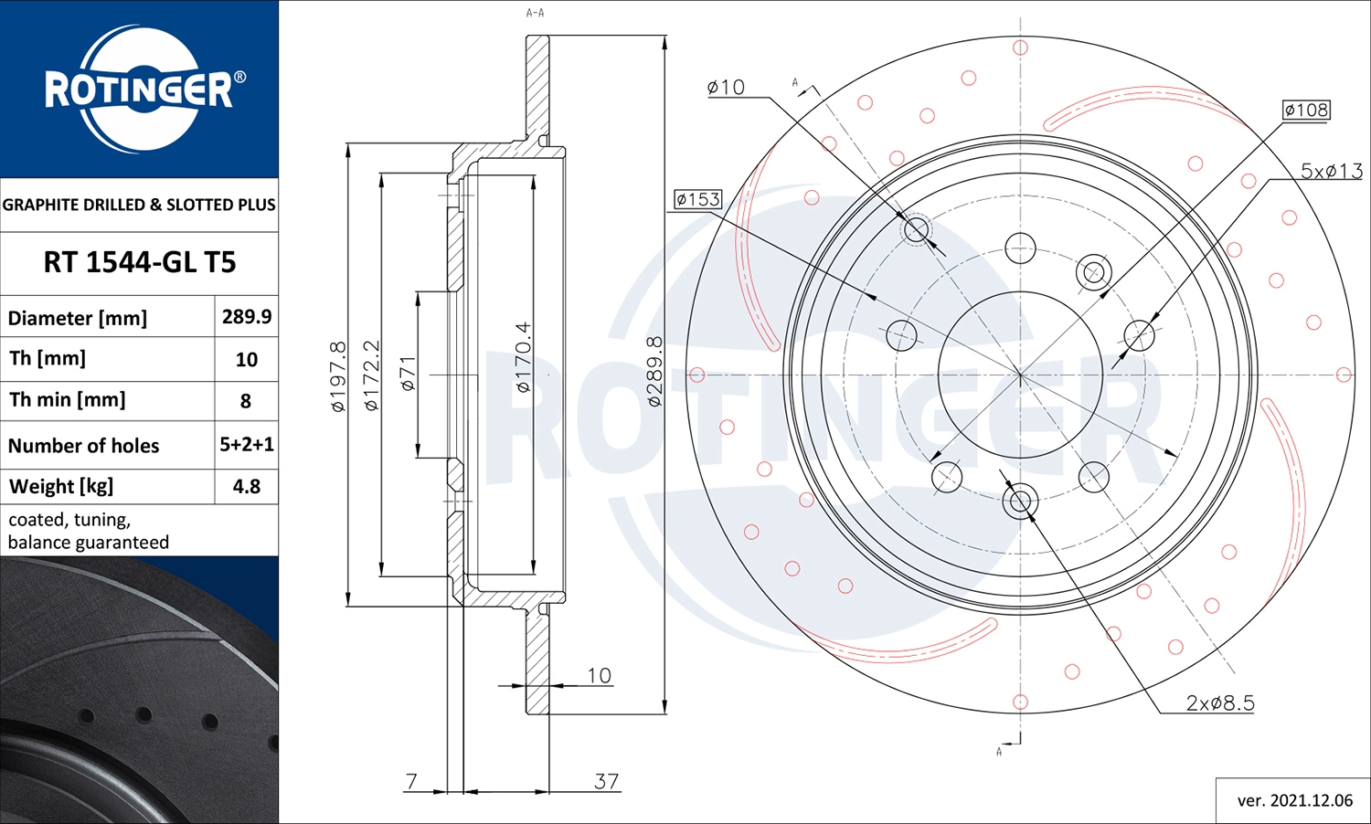 Тормозной диск graphite drilled slotted plus ROTINGER RT 1544-GL T5
