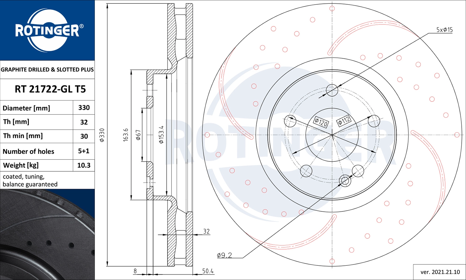 Тормозной диск graphite drilled slotted plus ROTINGER RT 21722-GL T5