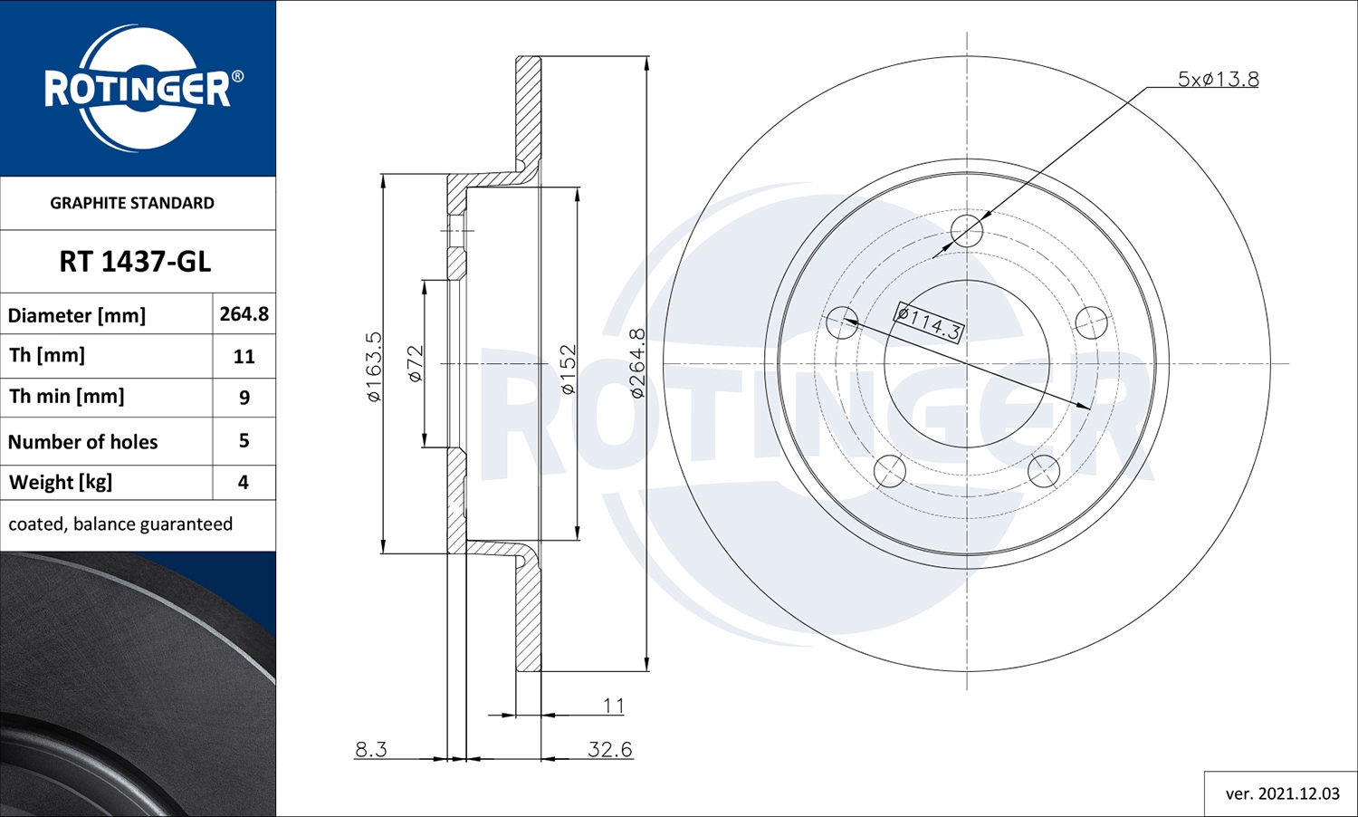 Тормозной диск graphite line ROTINGER RT 1437-GL