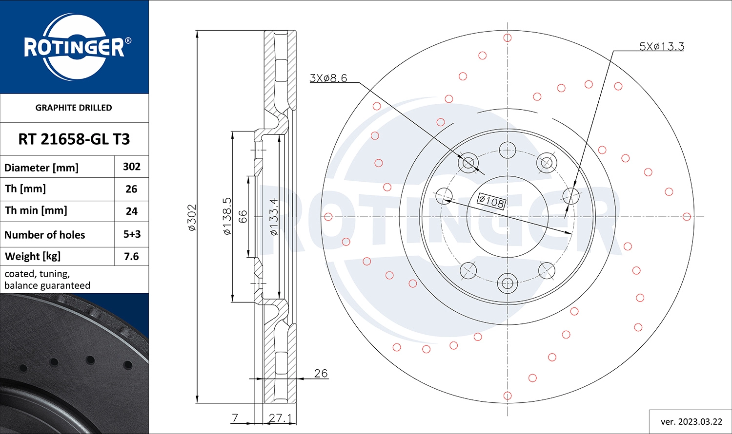 Тормозной диск graphite drilled ROTINGER RT 21658-GL T3