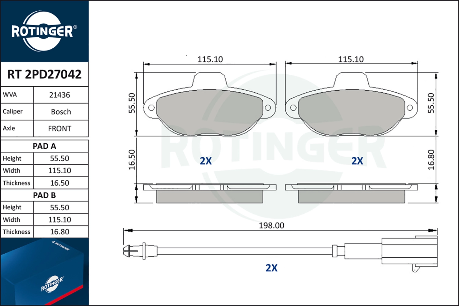 Комплект тормозных колодок дисковый тормоз ROTINGER RT 2PD27042