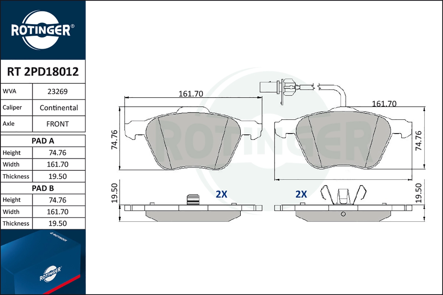 Комплект тормозных колодок дисковый тормоз ROTINGER RT 2PD18012