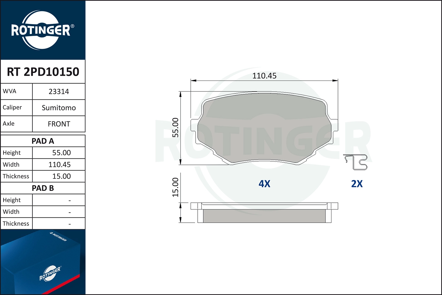 Комплект тормозных колодок дисковый тормоз ROTINGER RT 2PD10150