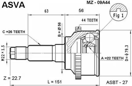 Шарнирный комплект приводной вал ASVA MZ-09A44