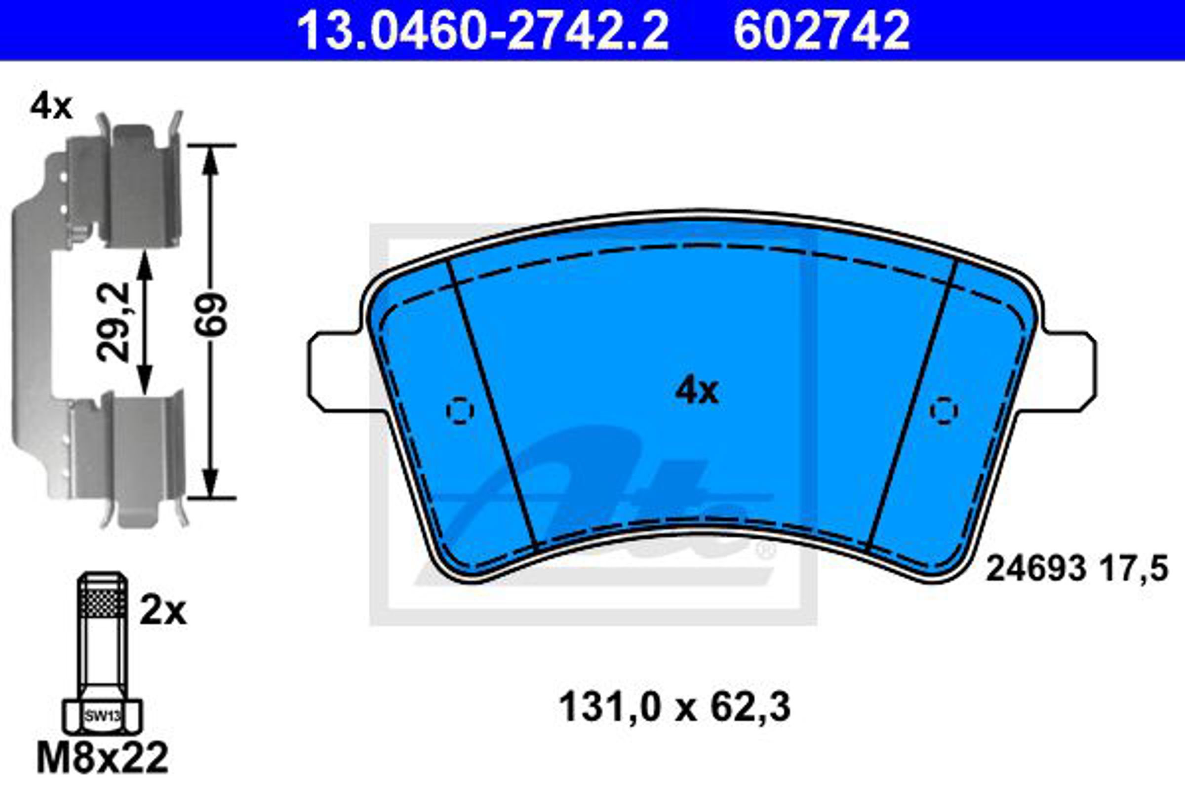 Тормозные колодки перед renault kangoo 1.5dci 1.6 08- ATE 13.0460-2742.2