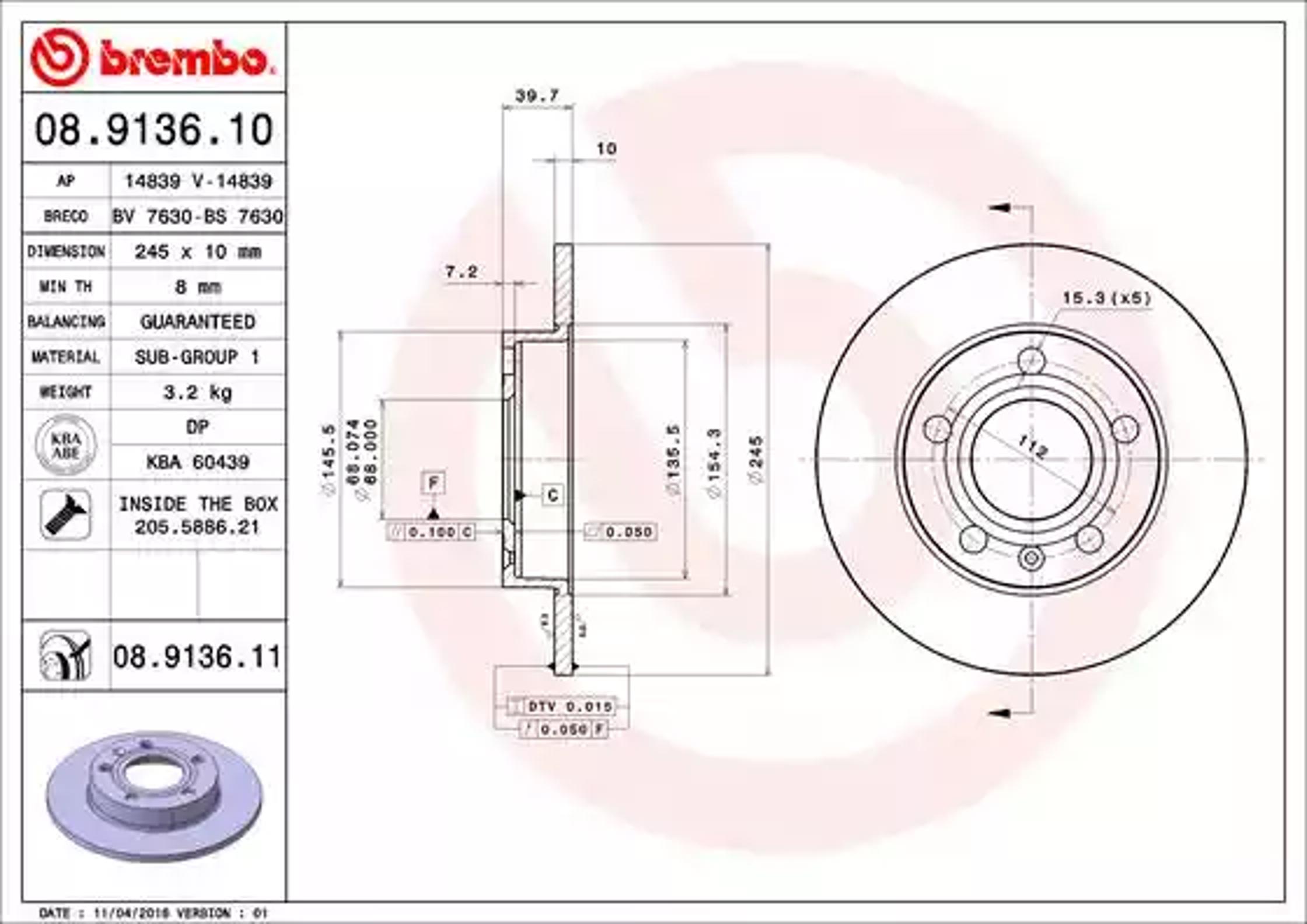Диск тормозной BREMBO 08.9136.10