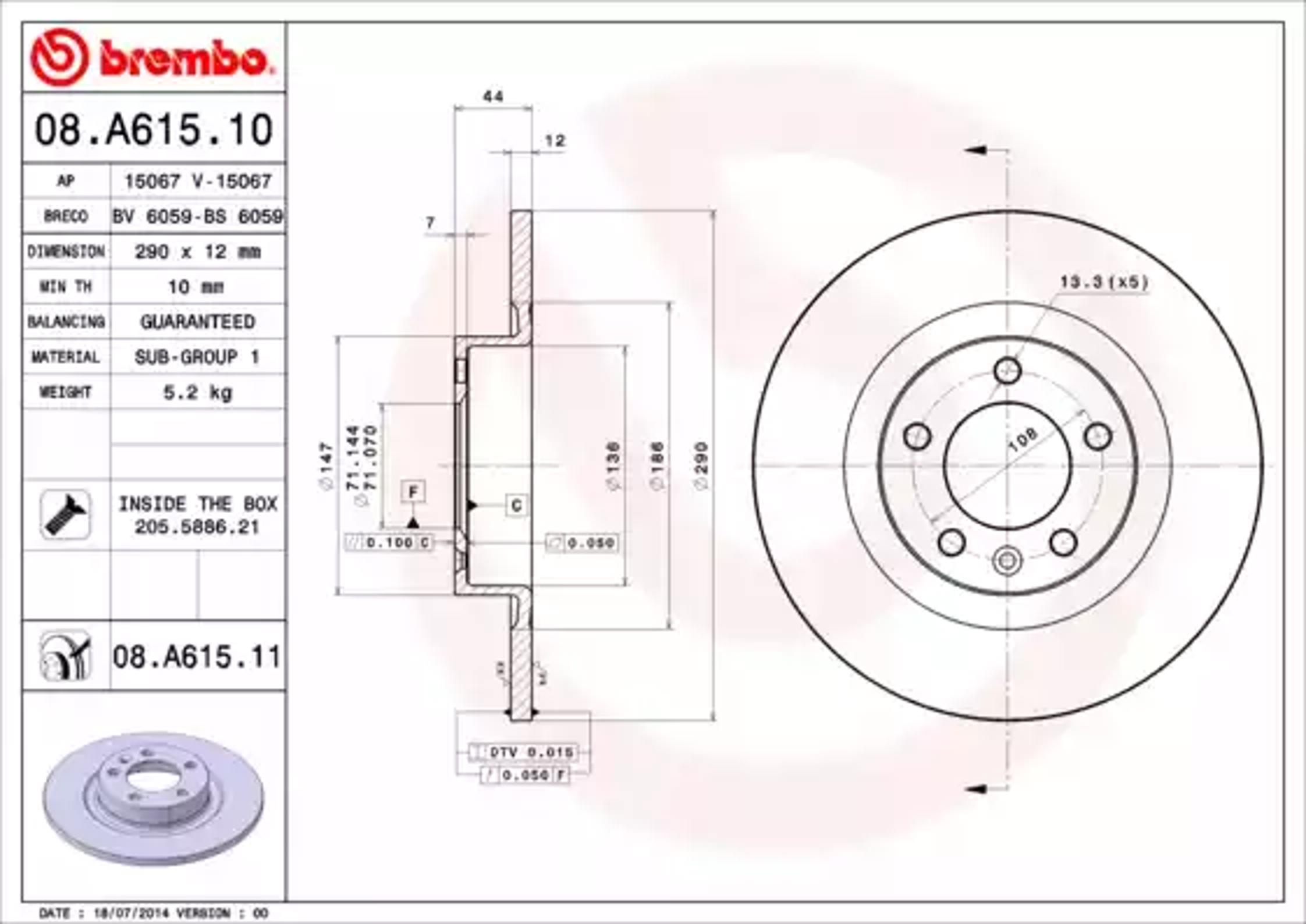 Диск тормозной BREMBO 08.A615.10