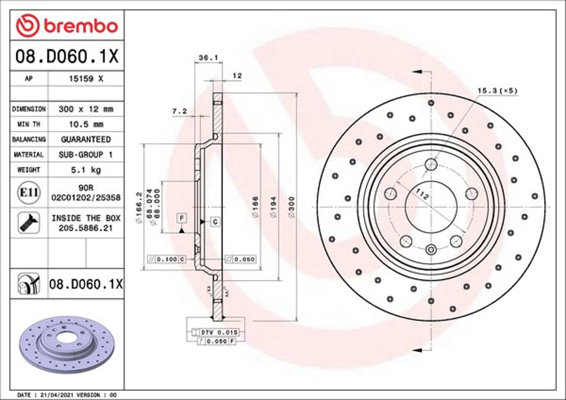 Диск тормозной с покрытием перфорированный xtra line - xtra 300x12 BREMBO 08.D060.1X