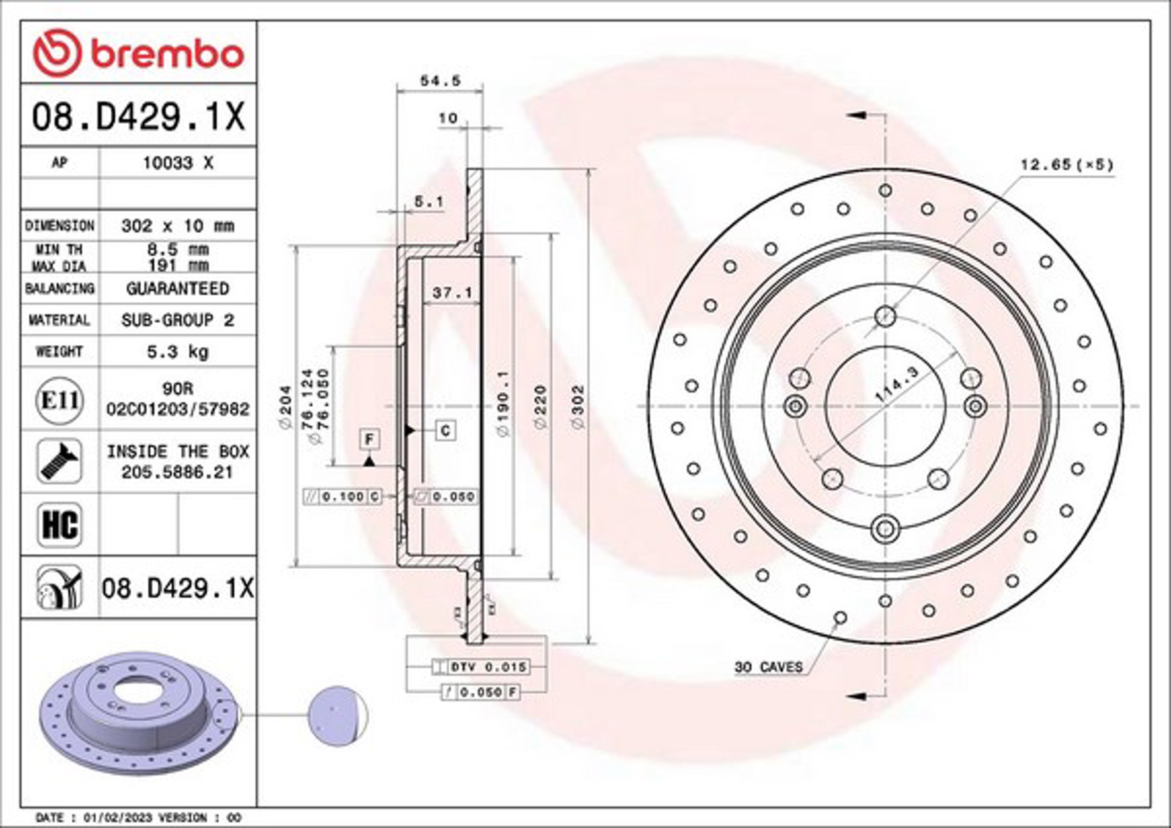 Диск тормозной с покрытием перфорированный xtra line - xtra 302x10 BREMBO 08.D429.1X