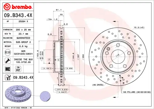 Диск тормозной mercedes-benz b-class sports tourer (w246 w242) b 160 (246.241) 2015-2018 BREMBO 09.B343.4X
