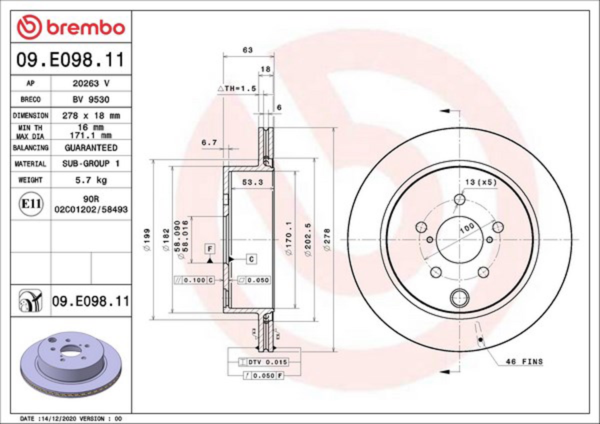 Диск тормозной с покрытием prime line - uv coated 278x18 BREMBO 09.E098.11