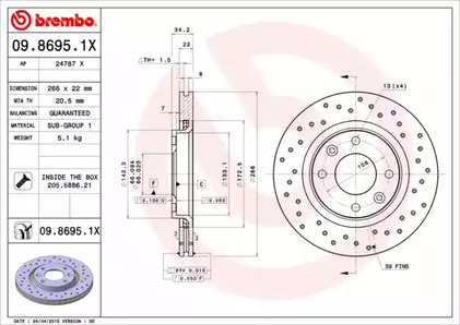 Диск тормозной BREMBO 09.8695.1X