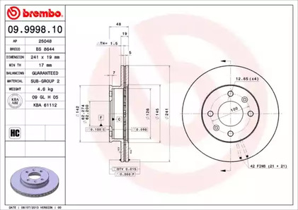 Диск тормозной BREMBO 09.9998.10