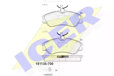 Комплект тормозных колодок дискового тормоза ICER 181136-700