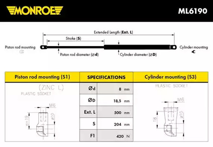 Газовая пружина крышки багажник MONROE ML6190