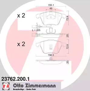 Комплект тормозных колодок дискового тормоза ZIMMERMANN 23762.200.1